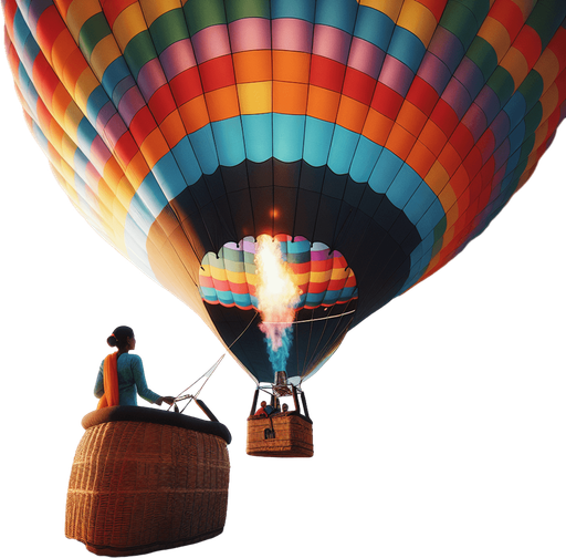 a full hot air balloon with a basket flying to the right.