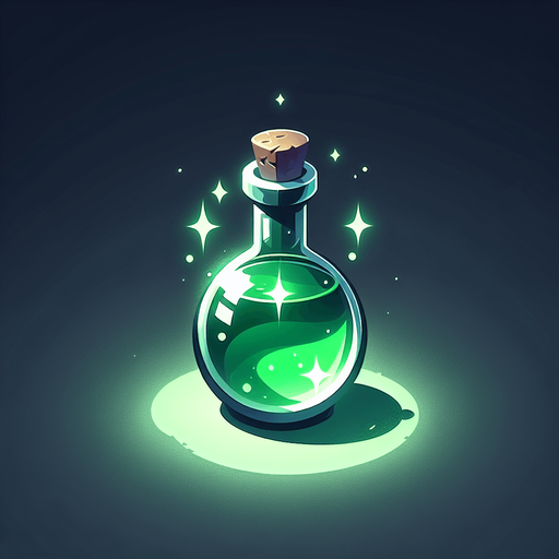 potion magique verte.
Single Game Texture. In-Game asset. 2d. Blank background. High contrast. No shadows.