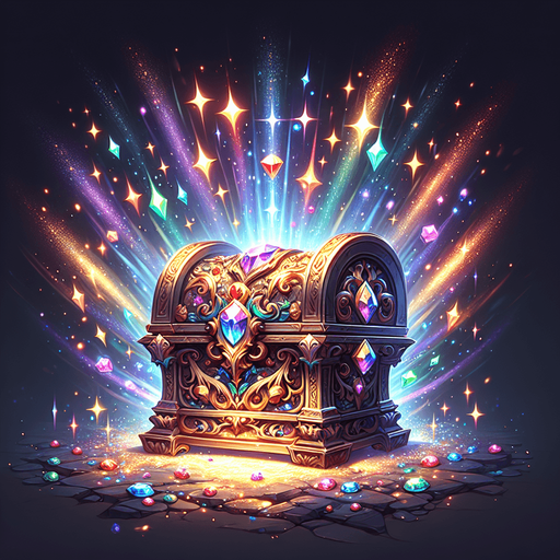 Magical treasure chest surrounded by a gaseous aura of rainbow colored magical energy..
Single Game Texture. In-Game asset. 2d. Blank background. High contrast. No shadows.