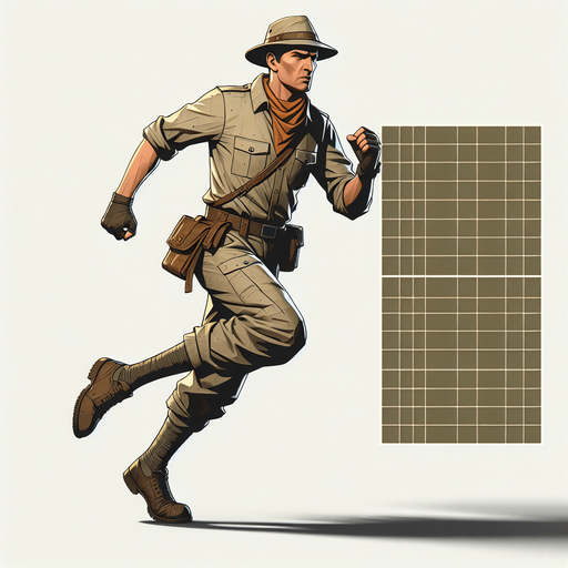 adventurer in a safari outfit, running.
Single Game Texture. In-Game asset. 2d. Blank background. High contrast. No shadows.