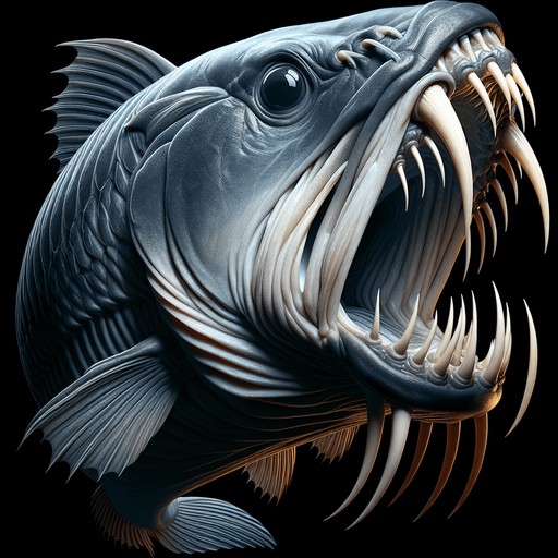 Classic fish with fangs mouth closed lateral view..
2024 game style. Photorealistic. Full side view.