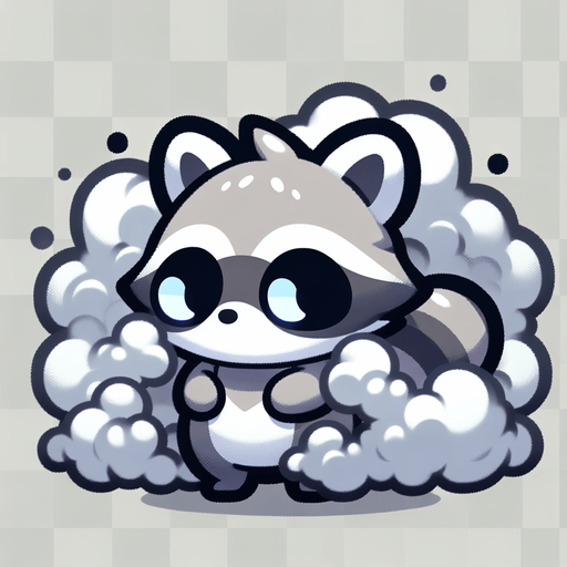 Raccoon Chibi character covered in smoke full bodied transparent background Single Game Texture. In-Game asset. 2d. Blank background. High contrast. No shadows.