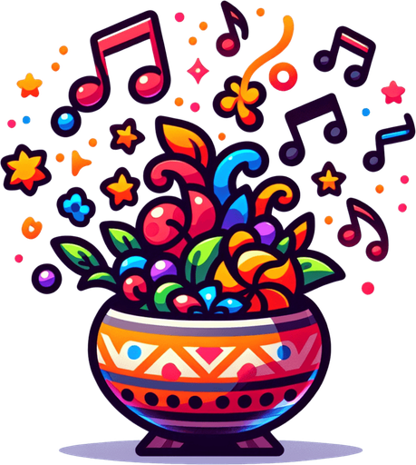 Create a cartoon-style illustration of a mix of colorful music notes.
Single Game Texture. In-Game asset. 2d. Blank background. High contrast. No shadows.