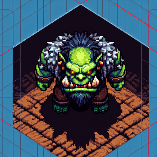 an orc warrior with a large head and red eyes. pixelart. top down view. Single Game Texture. In-Game asset. 2d. Blank background. High contrast. No shadows.