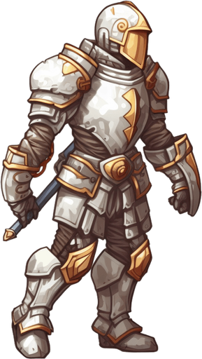 Heroic knight walking to the right.
Game Texture. In-Game asset. 2d. Pixelart. White background. Blank background. Low detail. High contrast.