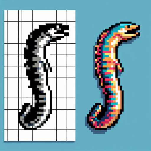 cartoon. 8bit. electric eel. vertical view..
Single Game Texture. In-Game asset. 2d. Blank background. High contrast. No shadows.