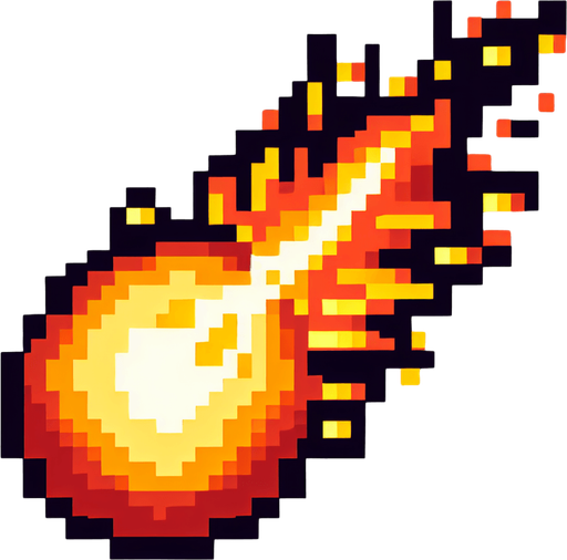 8 bit fireball
with a flame trail that goes down.
Single Game Texture. In-Game asset. 2d. Blank background.. No shadows.
