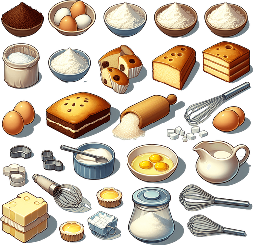 Cake ingredients.
Single Game Texture. In-Game asset. 2d. Blank background. High contrast. No shadows.