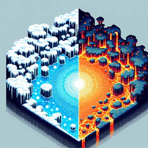 top-down bird-eye view perspective off a magical land, divided into two distinct elements of magma and ice. 8-bit pixelated.
Single Game Texture. In-Game asset. 2d. Blank background. High contrast. No shadows.