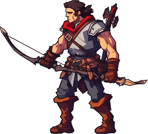 Heroic archer walking to the right.
Game Texture. In-Game asset. 2d. Pixelart. White background. Blank background. Low detail. High contrast.