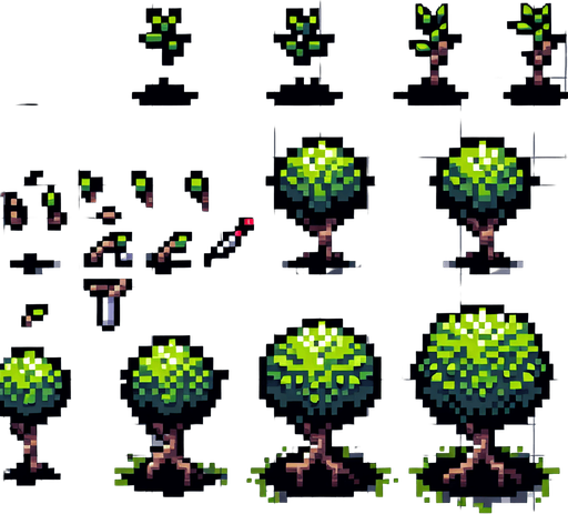 pixel art sprite sheet of a growing bush.
In-Game asset. 2d. Blank background. High contrast. No shadows.