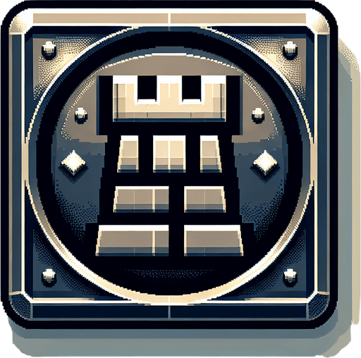 A metalic square button with the symbol of a tower from chess. Pixelart. Gamegui style. Medieval. Single Game Texture. In-Game asset. 2d. Blank background. High contrast. No shadows.