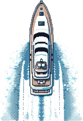 yacht seen from above. pixelated 8-bit.
Single Game Texture. In-Game asset. 2d. Blank background. High contrast. No shadows.