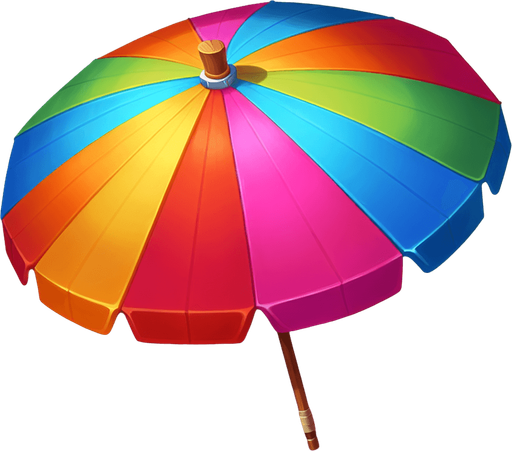 A big colored parasol for the beach..
Single Game Texture. In-Game asset. 2d. Blank background. High contrast. No shadows.