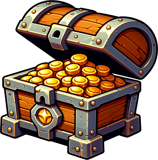 A treasure chest. Medieval style. cartoony. Open and full of gold coins. Single Game Texture. In-Game asset. 2d. Blank background. High contrast. No shadows.