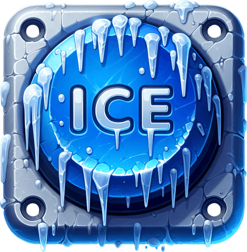 a button that is dripping with icicles that says "ice".
Single Game Texture. In-Game asset. 2d. Blank background. High contrast. No shadows.