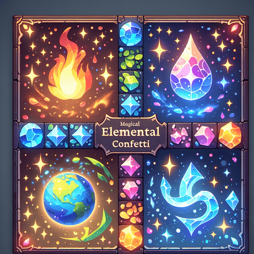 Magical elemental confetti.
Single Game Texture. In-Game asset. 2d. Blank background. High contrast. No shadows.