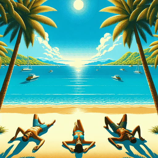 This is about a beach scene. In the background you can see the sea with boats in the horizon.In the foreground you can see sand with three people tanning in the sun.At the extrem left and at the extrem right, there are a palmer rising to the top of the image and making an arch of leaves over the people tanning..
Single Game Texture. In-Game asset. 2d. Blank background. High contrast. No shadows.