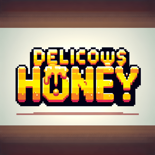 a cool splash screen style text saying 'Delicious Honey!' golden yellow brown honey colors. high-resolution pixel art..
Single Game Texture. In-Game asset. 2d. Blank background. High contrast. No shadows.