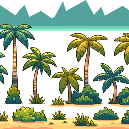 Create a cartoon-style illustration of palm trees. The goal is to capture a lively and playful location.
Single Game Texture. In-Game asset. 2d. Blank background. High contrast. No shadows.