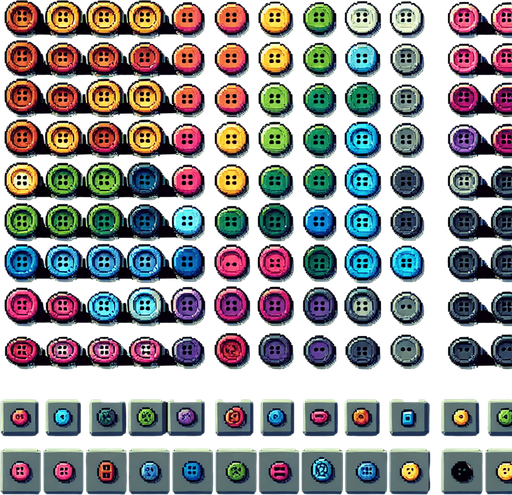 Create a sprite sheet featuring various sewing buttons. Each button should be distinct, with a cohesive color scheme containing a wide range of rainbow colors. The style should be detailed pixel art, reminiscent of classic 8-bit era video game. Arrange the components on a dark background, with each part neatly aligned in rows and columns for easy identification and use in game development..
Single Game Texture. In-Game asset. 2d. Blank background. High contrast. No shadows.