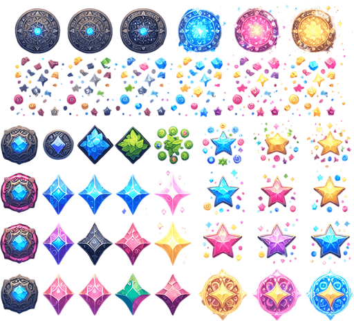 Magical elemental confetti.
Single Game Texture. In-Game asset. 2d. Blank background. High contrast. No shadows.