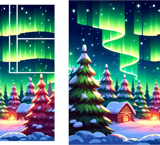 Cartoon Christmas outdoor scene. Forest, northern lights.
Single Game Texture. In-Game asset. 2d. Blank background. High contrast. No shadows.