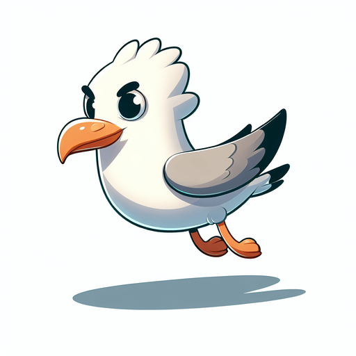 Create a cartoon-style illustration of a flying seagull. The goal is to capture a lively and playful character. Front perspective.
Single Game Texture. In-Game asset. 2d. Blank background. High contrast. No shadows.