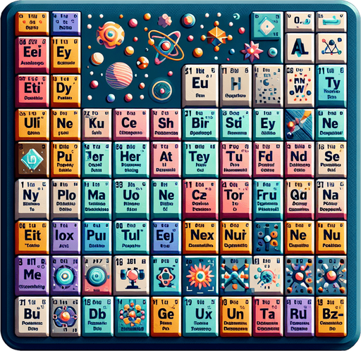 The periodic table of the elements..
Single Game Texture. In-Game asset. 2d. Blank background. High contrast. No shadows.