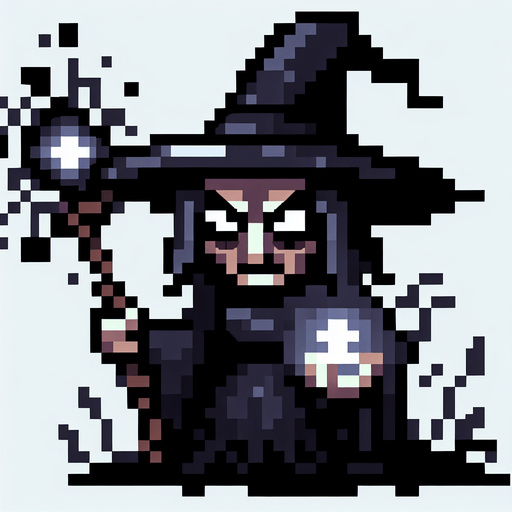 cartoon 8bit evil witch..
Single Game Texture. In-Game asset. 2d. Blank background. High contrast. No shadows.