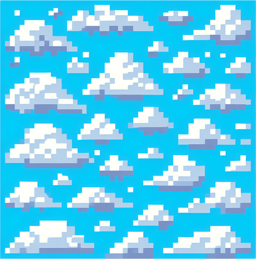 8-bit pixelated background of a minimalist cloudy sky. keep it simple with a light blue sky of a single color and a few pixelated clouds scattered around.
Single Game Texture. In-Game asset. 2d. Blank background. High contrast. No shadows.