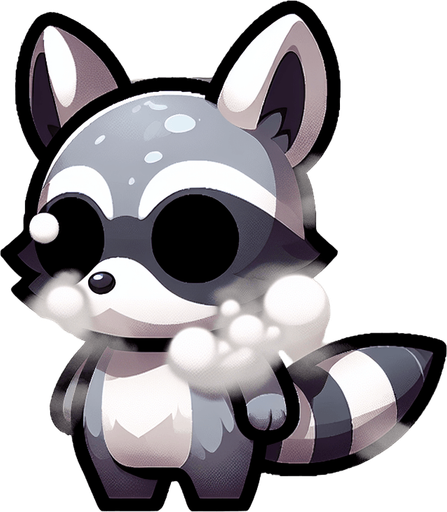 Raccoon Chibi character covered in smoke full bodied transparent background Single Game Texture. In-Game asset. 2d. Blank background. High contrast. No shadows.