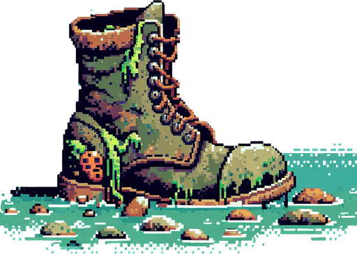 8-bit. cartoon. old boot from ocean. Single Game Texture. In-Game asset. 2d. Blank background. High contrast. No shadows.