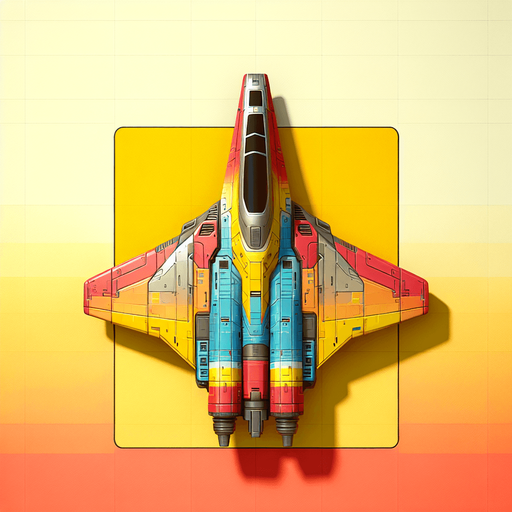 Single futuristic spaceship flying straight  upwards viewed from above in colour without any background.
Single Game Texture. In-Game asset. 2d. Blank background. High contrast. No shadows.