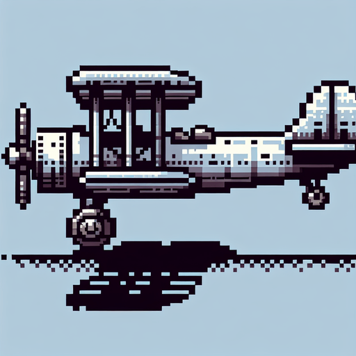 a simpel pixel biplane sideview. Blank background, 2d. No shadows..
Single Game Texture. In-Game asset. 2d. Blank background. High contrast. No shadows.