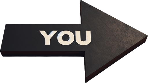 A big black horizontal arrow pointing left with centred text 'YOU' in capital letters, painted on an orange floor..
horizontal and pointing left