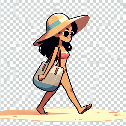 Create a cartoon-style illustration of a beach gooer walking on the beach, side profile.
Single Game Texture. In-Game asset. 2d. Blank background. High contrast. No shadows.