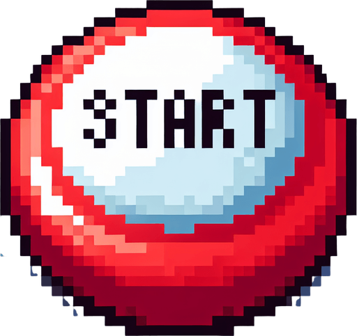 pixel art of a large, round, red start button.