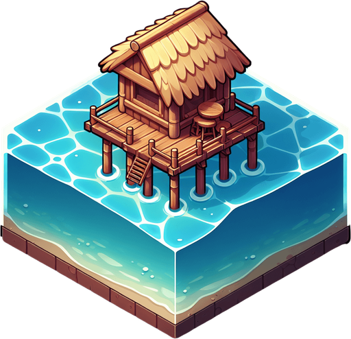 Create a cartoon-style illustration of a small bar hut on short stilts, above water,  close view.
Single Game Texture. In-Game asset. 2d. Blank background. High contrast. No shadows.