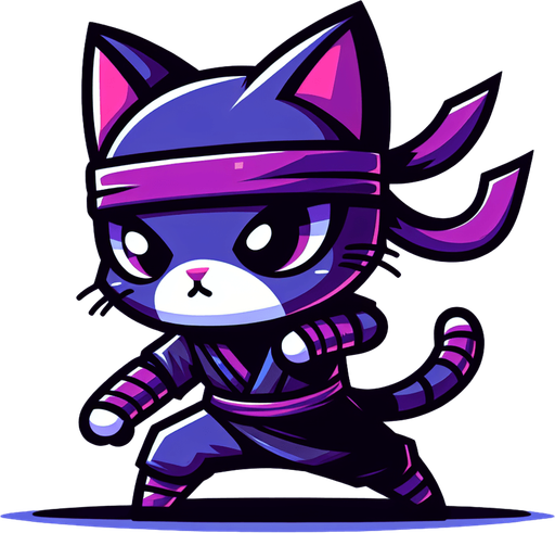 Cartoon ninja cat.
Single Game Texture. In-Game asset. 2d. Blank background. High contrast. No shadows.