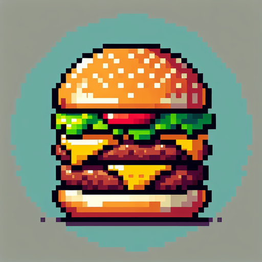 hamburger. pixelated. 8-bit.
Single Game Texture. In-Game asset. 2d. Blank background. High contrast. No shadows.