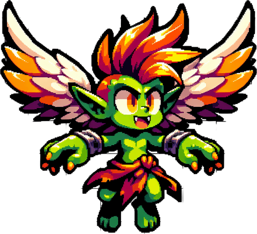 8-bit. cartoon. winged goblin..
Single Game Texture. In-Game asset. 2d. Blank background. High contrast. No shadows.