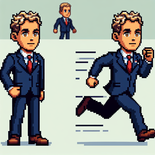 a 2d funny character in 8-bit and cartoon of donald trump. generate 2 images, one standing still and one running..