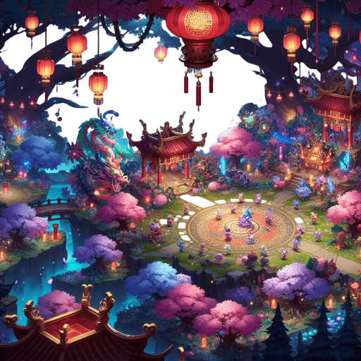 Chinese new years, enchanted forest.
Single Game Texture. In-Game asset. 2d. Blank background. High contrast. No shadows.