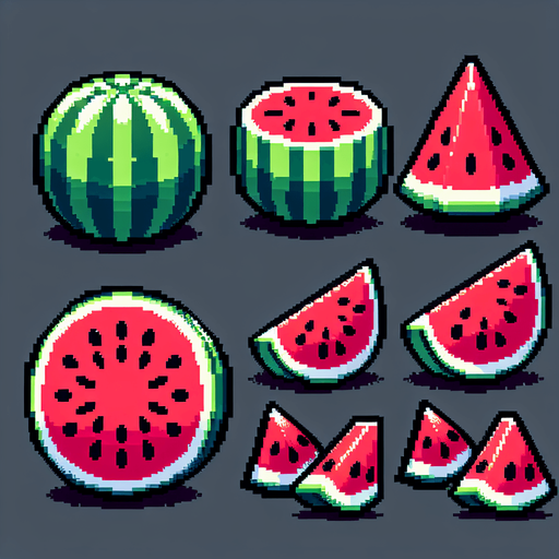 Water mellon sprite sheet: Full, Chopped left part, Chopped right part..
Single Game Texture. In-Game asset. 2d. Blank background. High contrast. No shadows.