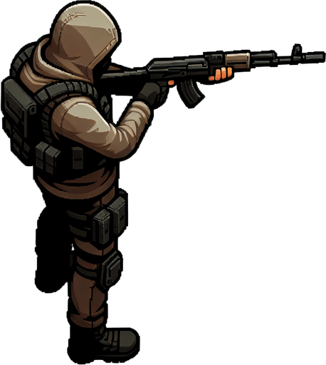 top down character with gun de dos.
Single Game Texture. In-Game asset. 2d. Blank background. High contrast. No shadows. topdown shooter