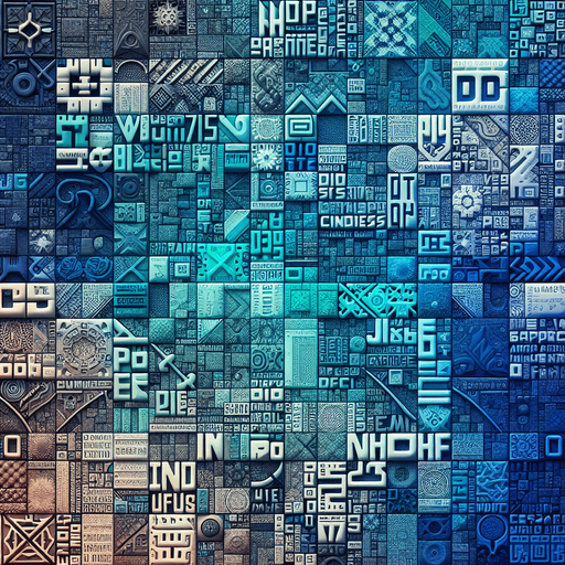 Patchwork de mots sur un fond cyan..
Single Game Texture. In-Game asset. 2d. Blank background. High contrast. No shadows.