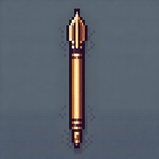 a straight crossbow bolt made of gold. top down view. pixelart. bolt only, crossbow not included. vertical display, from bottom to top. Single Game Texture. In-Game asset. 2d. Blank background. High contrast. No shadows.