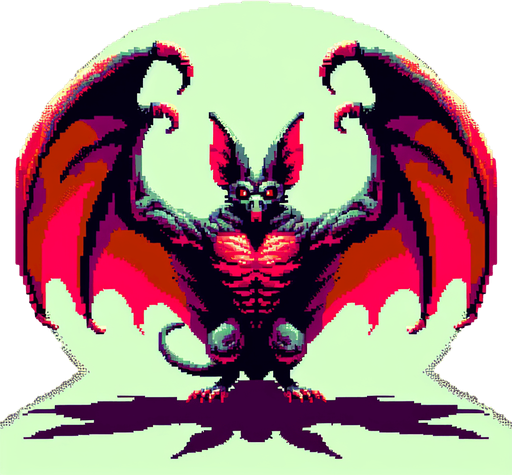 evil large flying bat, front view, I want the art style to reflect a classic 16-bit retro pixel art aesthetic, reminiscent of early 1990s RPGs with vibrant colors..
Single Game Texture. In-Game asset. 2d. Blank background. High contrast. No shadows.