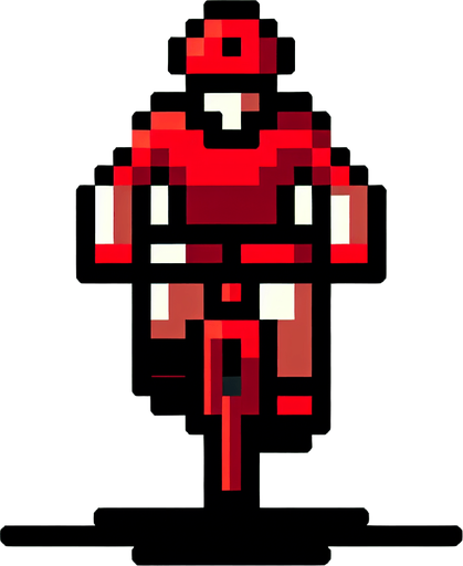 red 8-bit pixelated cyclist seen from the front. bird-eye perspective. black outline. pixelated.
Single Game Texture. In-Game asset. 2d. Blank background. High contrast. No shadows.